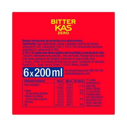 BITTER KAS Zero  Bitter sin azúcar y sin alcohol pack de 6x250 ml.
