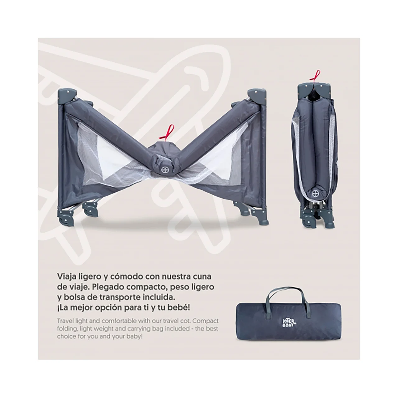 Cuna de viaje plegable, color gris