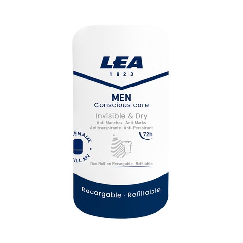 LEA Men Desodorante roll on recargable para hombre, anti-manchas y antitranspirante hasta 72 horas 50 ml.