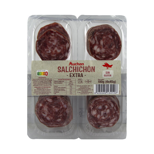 AUCHAN Salchichón extra, elaborado sin gluten y cortado en lonchas 4 x 45 g. Producto Alcampo