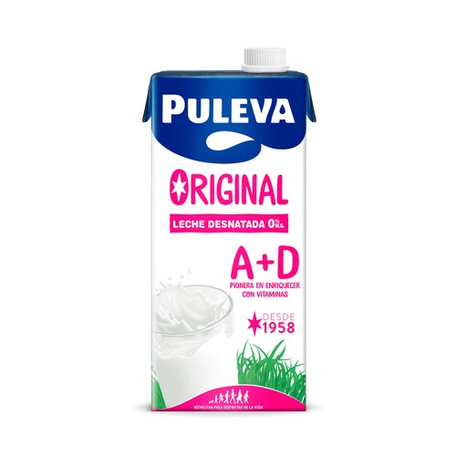 PULEVA Leche desnatada de vaca (0% materia grasa) enriquecida con vitanminas A y D y de origen 100% español 1 l.