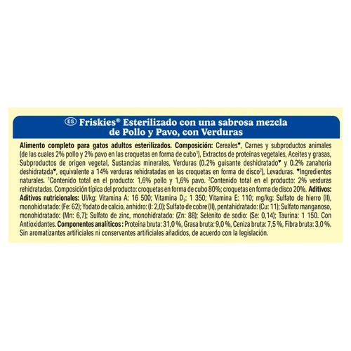 FRISKIES Pienso para gatos esterilizado a base de pavo y verduras 3 kg.