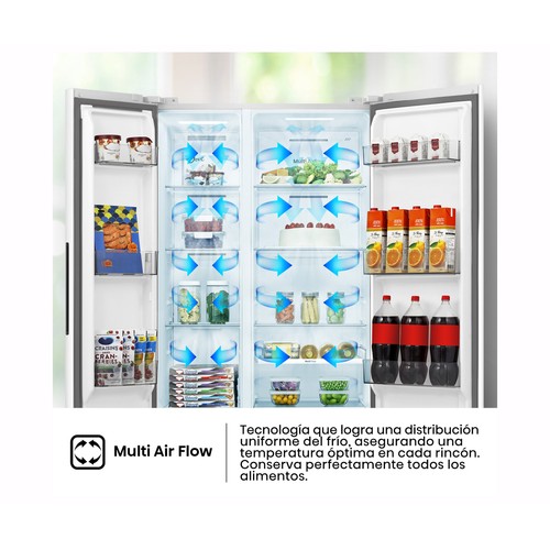 Frigorífico americano 178,6cm HISENSE RS3P538NEWE, color blanco, no frost, clasificación energética: E, H: 178,6cm A: 91cm, F: 60cm, capacidad total: 527L.