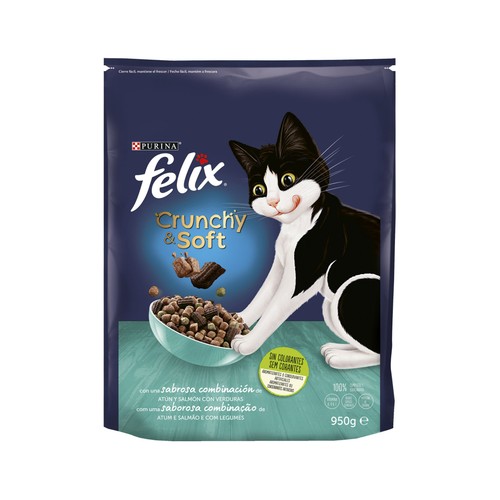 FELIX Comida para gatos seca con pollo,buey y verduras FELIX CRUNCHY&SOFT 950 g.