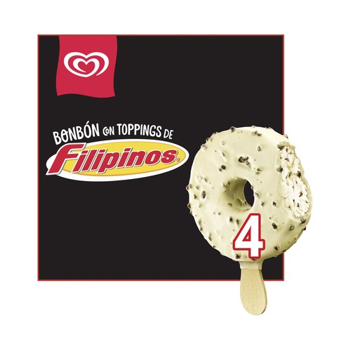 FRIGO Bombón helado de galleta con cobertura y trocitos de Filipinos 4 x 62 ml.