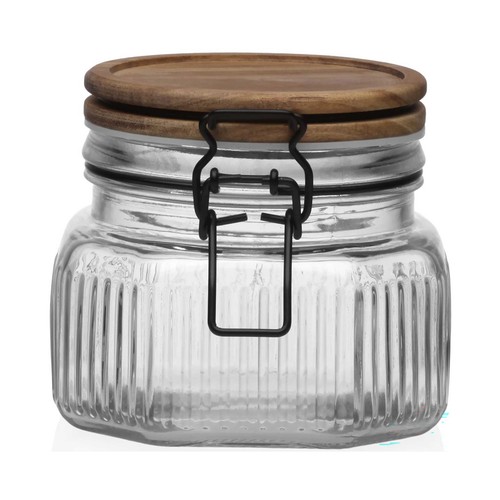 Bote 600ml vidrio, con tapa de acacia. VERSA HOME