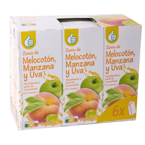 Zumo de melocotón, uva y manzana PRODUCTO ECONÓMICO ALCAMPO brick 6 uds x 20 cl.