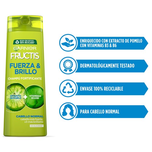 FRUCTIS Fuerza y brillo de Garnier Champú fortificante sin parabenos, para cabellos normales 360 ml.
