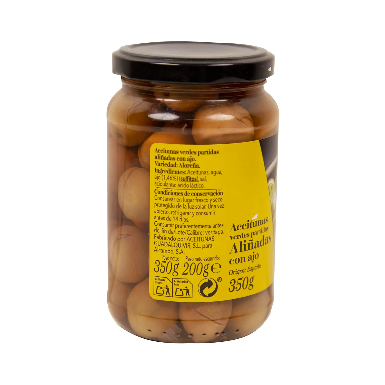 PRODUCTO ALCAMPO Collection Aceitunas Aloreñas aliñadas con ajo partidas 200 g.