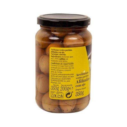 PRODUCTO ALCAMPO Collection Aceitunas Aloreñas aliñadas con ajo partidas 200 g.