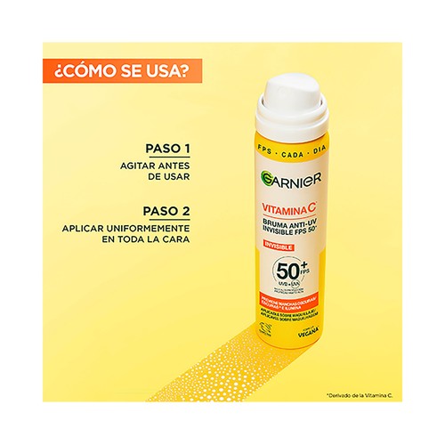 GARNIER Vitamina C Bruma facial acabado invisible con FPS 50+ (muy alto) 75 ml.
