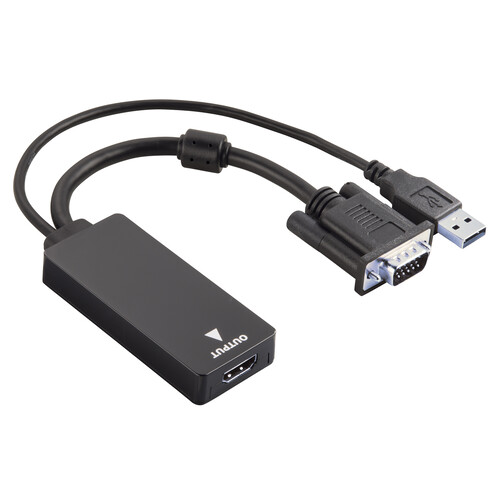 Convertidor QILIVE de HDMI hembra a USB macho a VGA macho, terminales plateados, color negro.