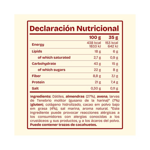 CORIAL Barrita de datiles, almendras, larvas de gusano de la harina y chocolate 35 g.