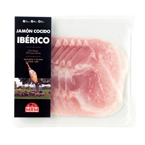 Jamón cocido ibérico (cebo ibérico 50% raza ibérica), cortado en lonchas MRM 100 g.