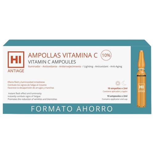 HI ANTIAGE Ampollas faciales iluminadoras con efecto flash y vitamina C (10%) 10 x 2 ml. 