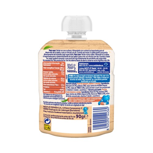 NESTLÉ Bolsita (pouch) de manzana, plátano y avena, a partir de 6 meses 90 g.