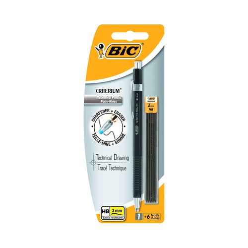 Portaminas con grosor de escritura de 2 milim + 6 minas extraresistentes de dureza HB BIC Criterium.