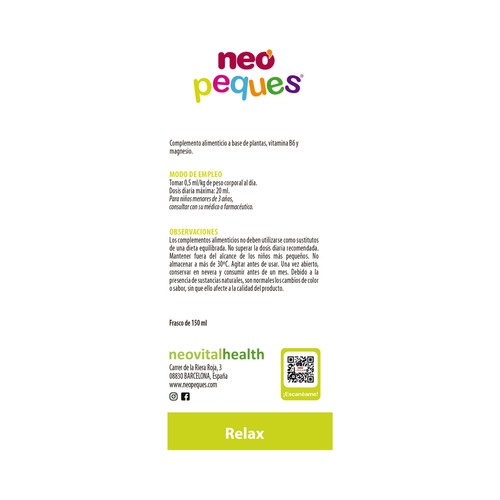 NEO PEQUES Relax Complemento alimenticio sabor grosella, que ayuda y favorece la concentración y relajación 150 ml.