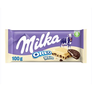 Imagen de MILKA OREO BLANCO.Chocolate blanco con relleno sabor vainilla y trozos de galleta con cacao 100 g.