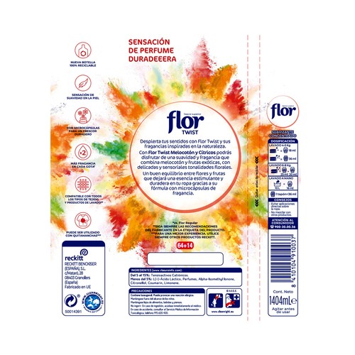 FLOR Suavizante concentrado con aroma a melocotón y cítricos Twist, 78 lavados 1,404 L.