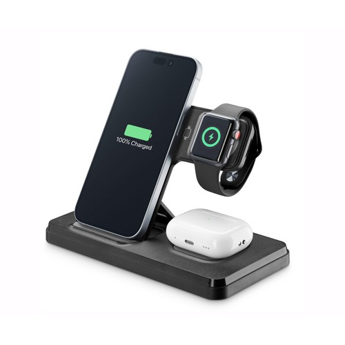 Base de carga CELLULARLINE WIRESTAND3IN1FBK 3 en 1, 15W smartphone, 5W auriculares