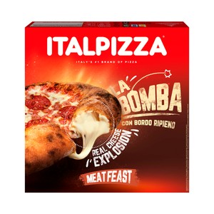 Imagen de ITALPIZZA La bomba meat feast Pizza congelada de tenera, salami picante y baicon con el borde relleno de queso 470 g.