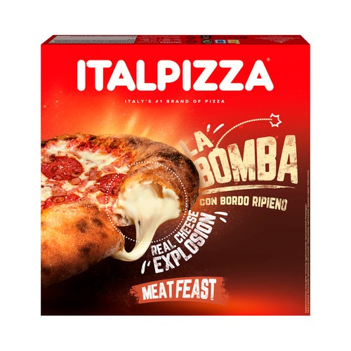 ITALPIZZA La bomba meat feast Pizza congelada de tenera, salami picante y baicon con el borde relleno de queso 470 g.