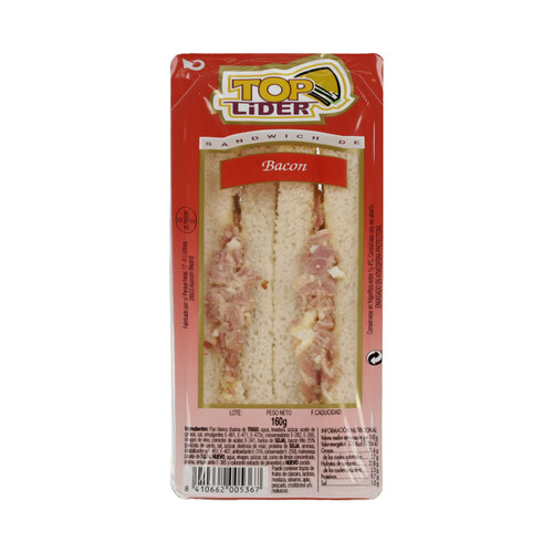 TOP LIDER Sandwich de pan blanco con bacon y huevo cocido TOP LIDER 160 g.