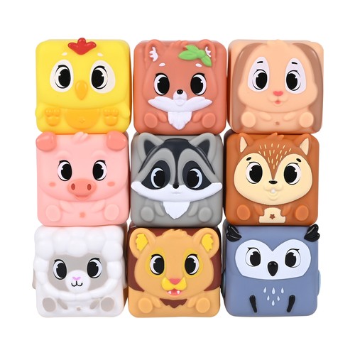 Cubos Blanditos Animales, 9 piezas juguetes para el desarrollo de la destreza y la coordinación +6 Meses ONE, TWO FUN Baby