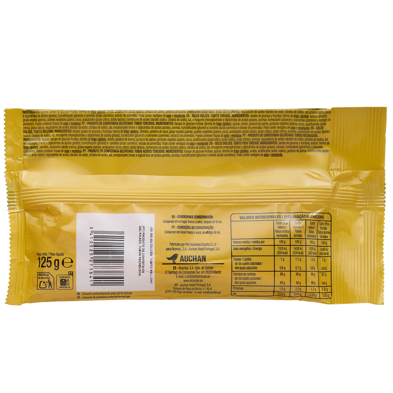 PRODUCTO ALCAMPO Golosinas con relleno rojo 125g.
