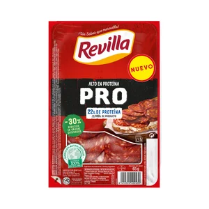 REVILLA Pro Chorizo con un 30% menos de grasa, cortado en lochas y con ALTO en proteína 65 g.