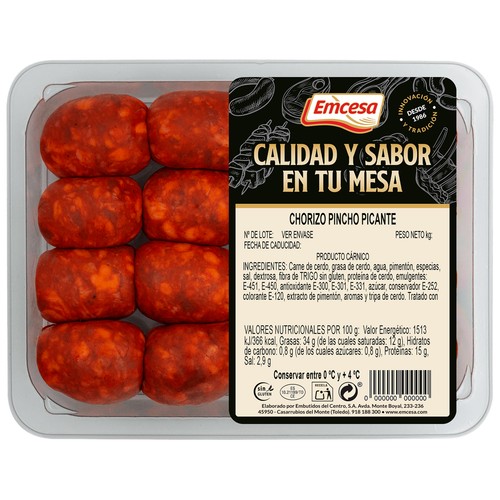 Bandeja de chorizos picantes de pincho, de calidad extra EMCESA 500 Gramos Aproximados