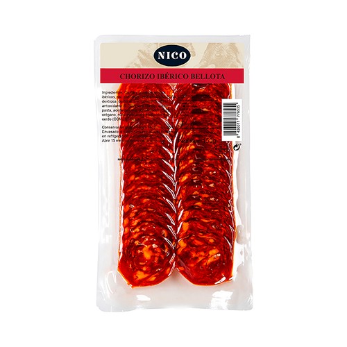 NICO JAMONES Chorizo ibérico de bellota cortado en lonchas NICO JAMONES 150 g.