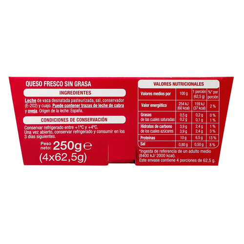 PRODUCTO ALCAMPO Queso fresco con calcio PRODUCTO ALCAMPO tarrina de 62,5 g. pack de 4 uds.