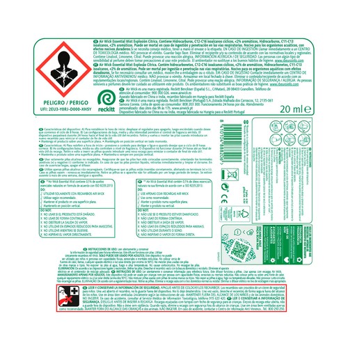AIR WICK Essential mist Ambientador difusor de aceites esenciales explosión cítrica energizante.