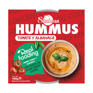 Imagen de SHUKRAN Humus de garbanzo cocido, con tomate concentrado, albahaca y AOVE 180 g.