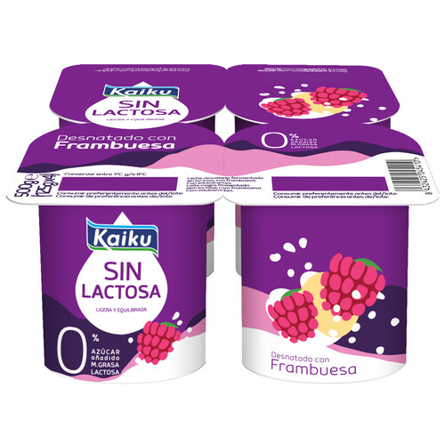 Yogur desnatado 0% materia grasa, sin lactosa ni azúcares añadidos, con frambuesas KAIKU Sin lactosa 4 x 125 g.