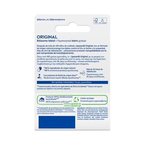 LIPOSAN Original Protector (bálsamo) labial hidratante, con ingredientes 100% naturales.
