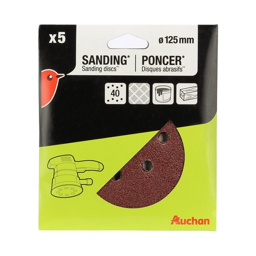 Pack 5 hojas lija, 125mm, G40, PRODUCTO ALCAMPO.