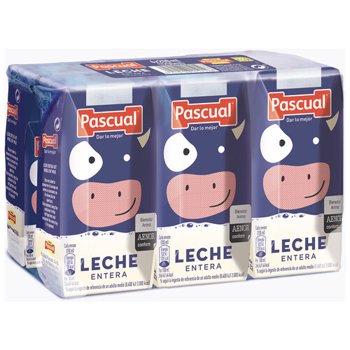 PASCUAL Leche de vaca entera procedente de animales con bienestar garantizado 6 x 200 ml.