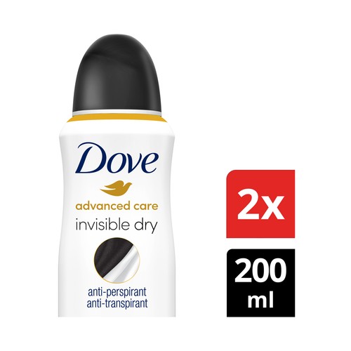 DOVE Desodorante en spray para mujer con protección antitranspirante hasta 48 horas DOVE Advanced care invisible dry 2 x 200 ml.