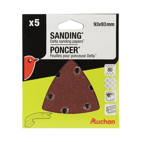 Pack 5 hojas lija triangular 93x93 mm G80, PRODUCTO ALCAMPO