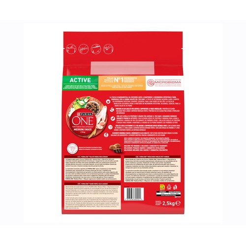 PURINA ONE Alimentación de perro medium-maxi active pollo 2,5 kg.