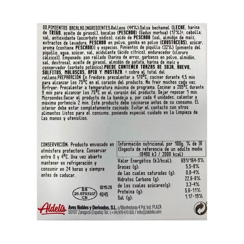 ALDELIS Pimiento del Piquillo prefritos rellenos de bacalao 250 g.