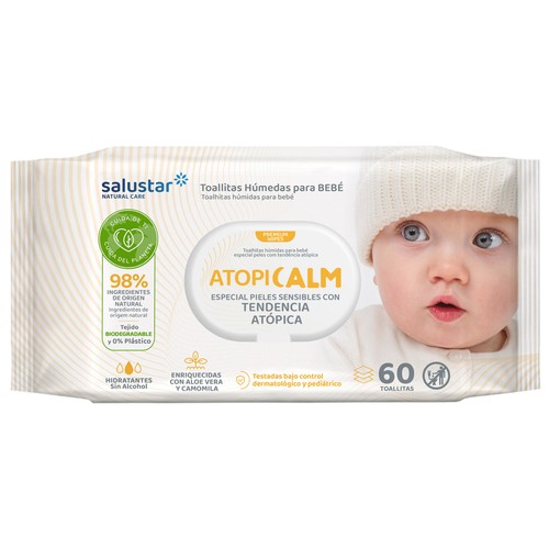 SALUSTAR Toallitas húmedas para bebé con pieles sensibles con tendencia atópica SALUSTAR Atopicalm 60 uds.
