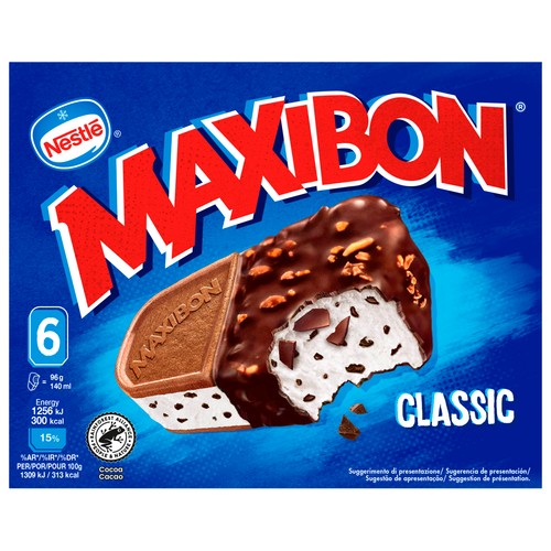 MAXIBON Classic Sandwich de helado de nata con trozos de chocolate, avellana y galleta 6 x 140 ml. 