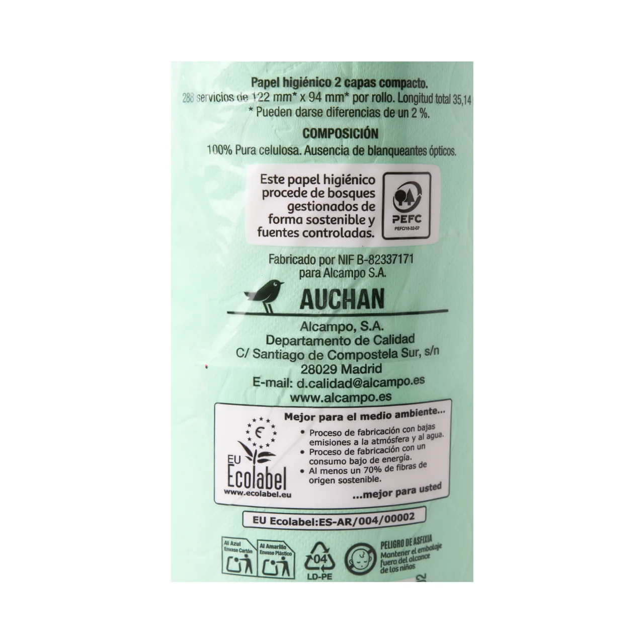 PRODUCTO ALCAMPO Papel higiénico compacto de doble capa con certificado Ecolabel 6 rollos