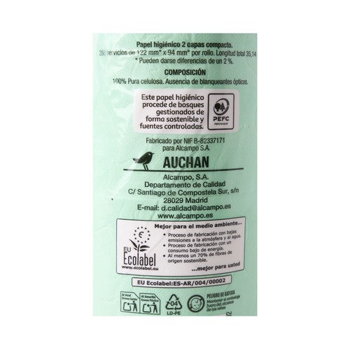 PRODUCTO ALCAMPO Papel higiénico compacto de doble capa con certificado Ecolabel 6 rollos