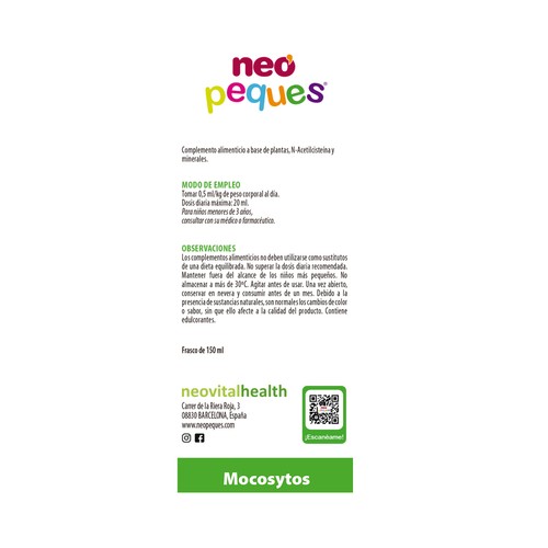 NEO PEQUES Mocosytos Complemento alimenticio sabor frambuesa, para aliviar los mocos y la tos 150 ml.