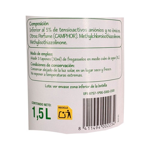 PRODUCTO ECONÓMICO ALCAMPO Fregasuelos aroma frescor Pino 1,5 litros.